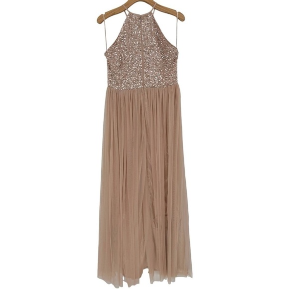 Maya Deluxe Fairy Tulle Sequin Embellished Halter Neck Maxi Dress Taupe Blush 8 - Picture 6 of 14